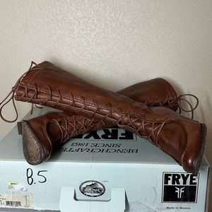 Frye lace up “Fiona” Tall Boot Moccasin style w/ 3” stacked heel